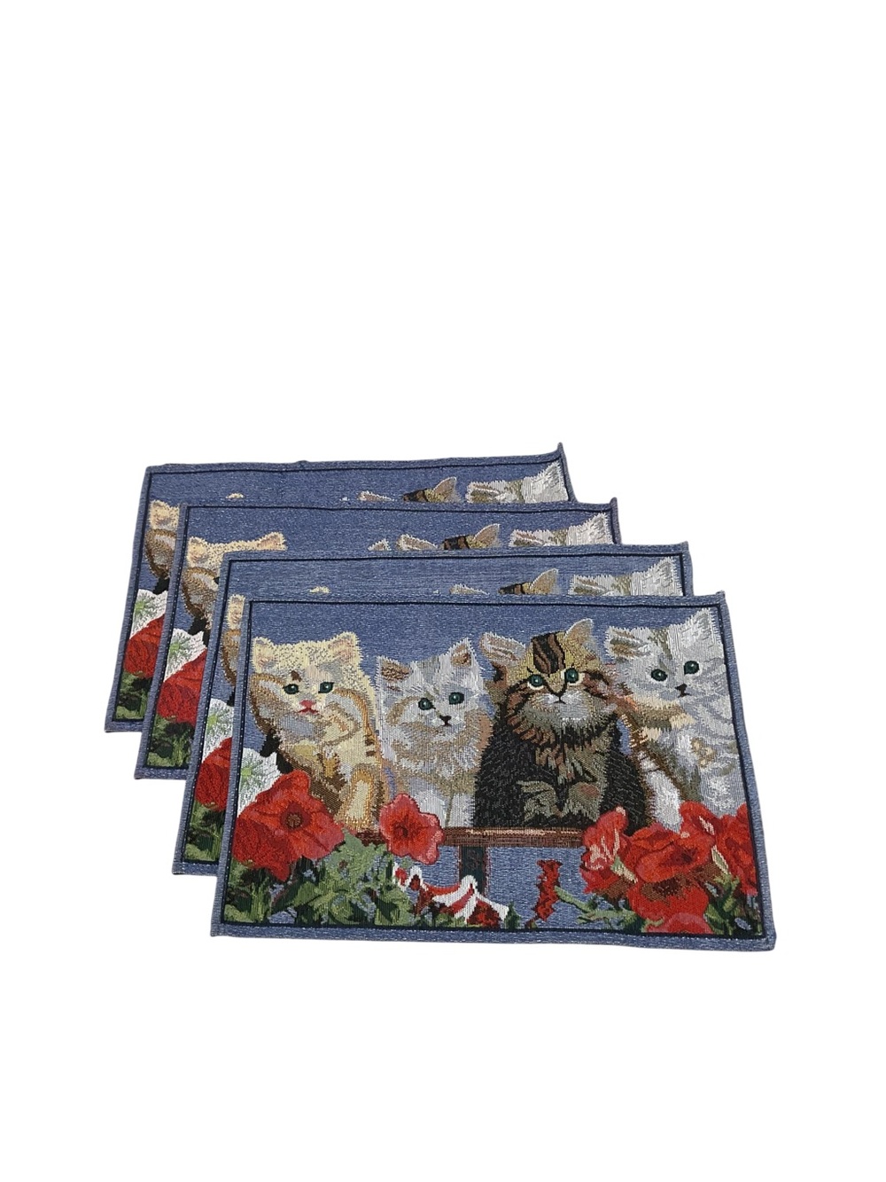 Vintage Cat Tapestry Placemats Set of 4 Kittens Red Flowers Gajimoti